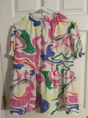 Abstract Swirl Tiered Blouse in White with Pink & Green